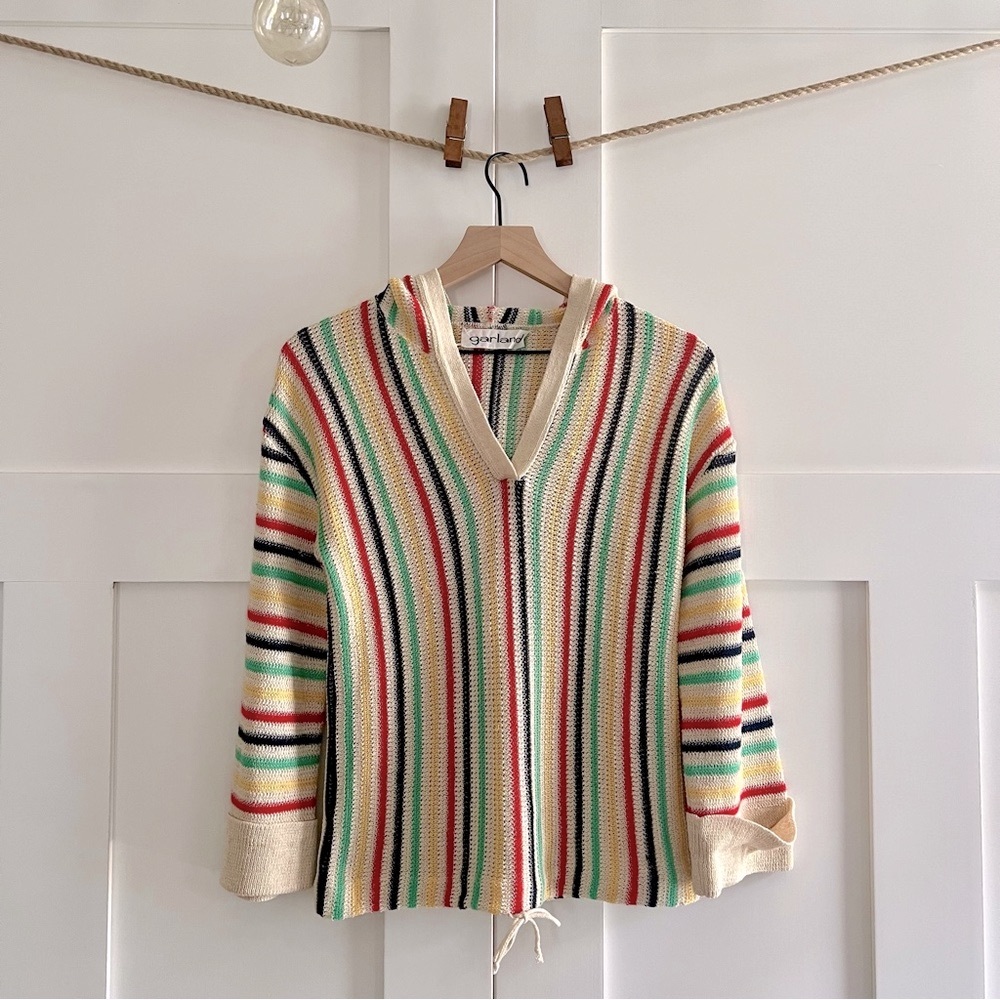 Knitted Multi-Stripe Hooded Pullover Sweater